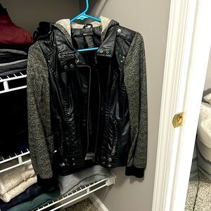 Wet Seal large fake leather jacket with hoodie sleeves and hood black and gray
